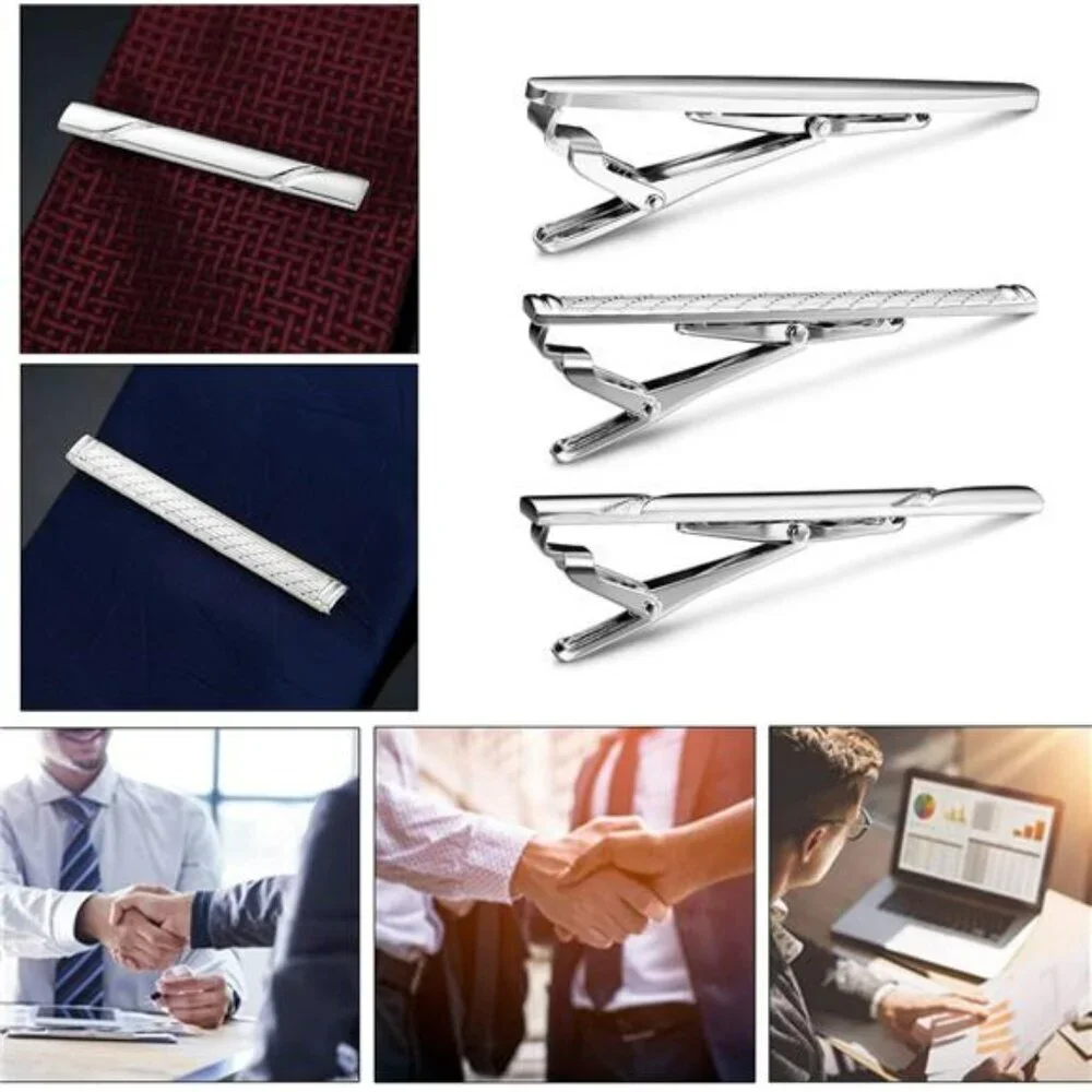 set of 3 silver tie clips stainless steel for men business wedding formal attire